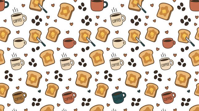 Seamless pattern of breakfast toast and coffee cups