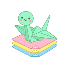 Fototapeta premium Cute Origami Crane Character Sitting on Stack of Paper.