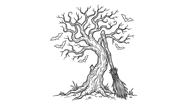 Spooky gnarled tree with broom and bats, isolated