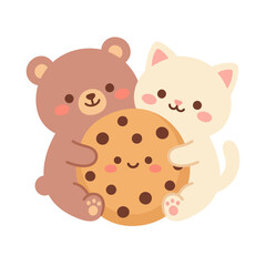 Fototapeta premium Cute cartoon bear and cat hugging a chocolate chip cookie.