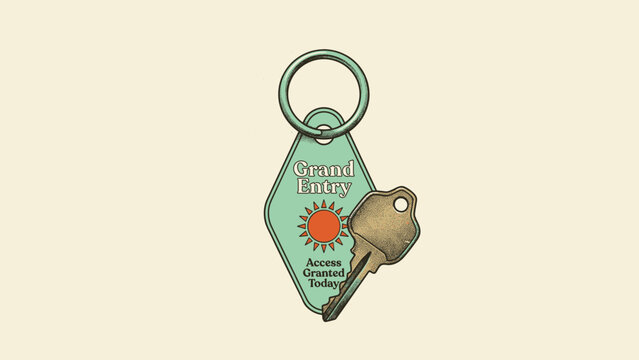 Vintage motel keychain and hotel key illustration with Grand Entry text in retro stippling style for t-shirt design print and streetwear apparel graphic