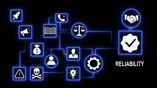 Digital reliability concept featuring glowing neon network infographic with business handshake symbol, and checkmark animation for corporate trust, integrity, and modern data connectivity