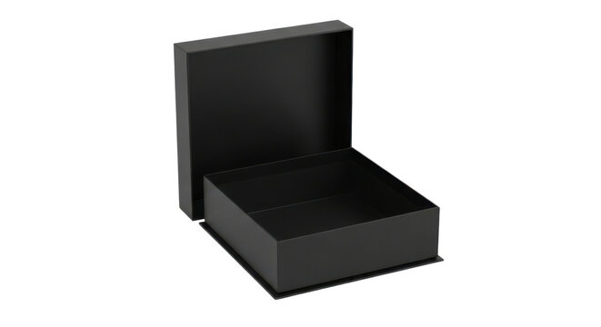 Open empty black square gift box on a white surface