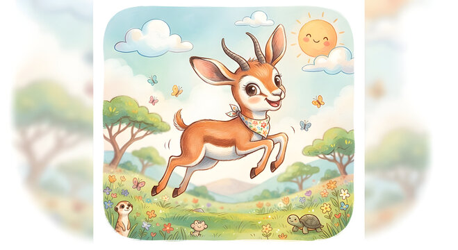Happy little springbok character playing in a colorful African grassland, watercolor style