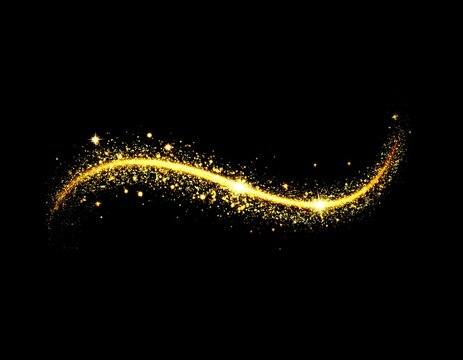 黒背景を流れる金色のグリッターのS字ライン　きらめく星屑と粒子の華やかな光のトレイル