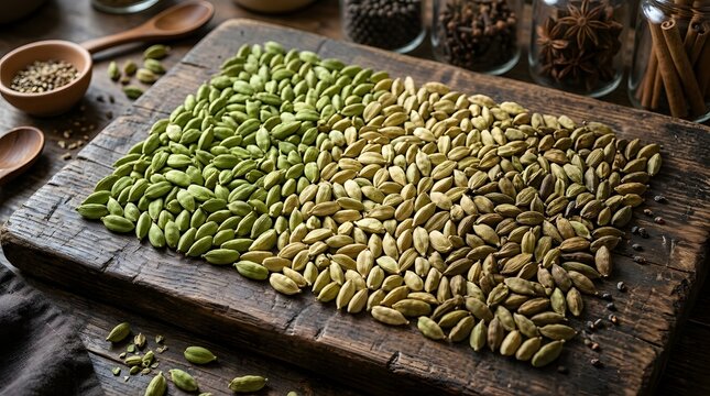 Dried cardamom pods arranged in an organic color gradient on a rustic wooden board with spices