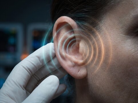 Medical Professional Examining Human Ear Showing Sound Frequency Waves Concept