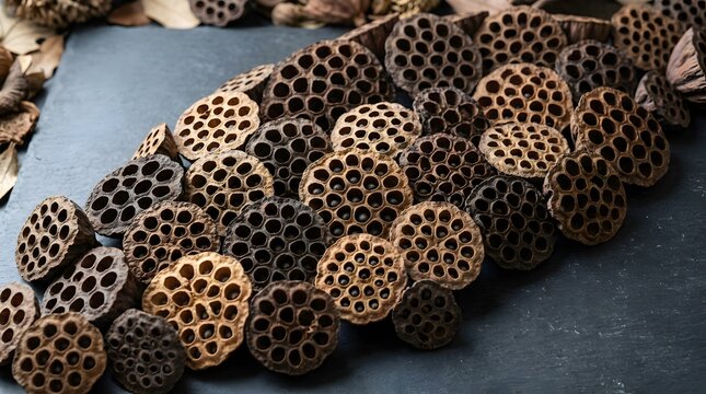 Dried lotus seed pods arranged in an abstract natural geometry on dark stone background
