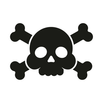 Minimalist black skull and crossbones vector illustration featuring flat graphic design elements isolated against a clean, simple white background setting