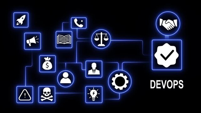 Devops software development lifecycle infographic with glowing neon blue network connection illustrating agile workflow, continuous integration, system automation, and digital business strategy