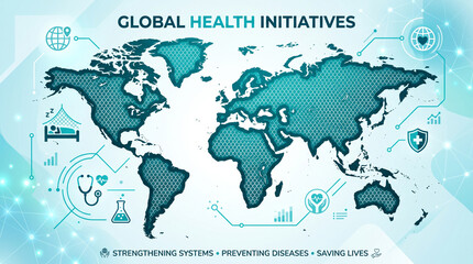 Naklejka premium Global health initiative concept map with medical icons and data visualization on light background with visualization elements blue graphic