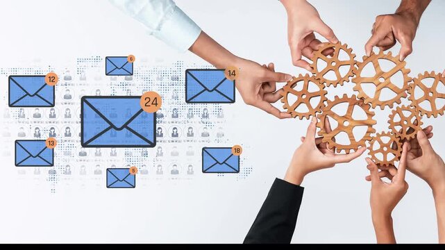 Hands Collaborating with Gears and Emails Symbolizing Teamwork and Communication in a Digital Workplace Sigmoid