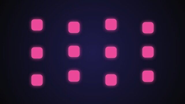 Abstract Digital Grid Animation with Glowing Pink Squares and Blue Circle.