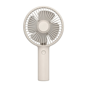 Small beige handheld portable electric fan with circular grill and single power button isolated on a transparent background