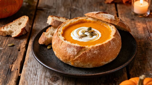 Creamy pumpkin soup in sourdough bread bowl with cream swirl and pumpkin seeds