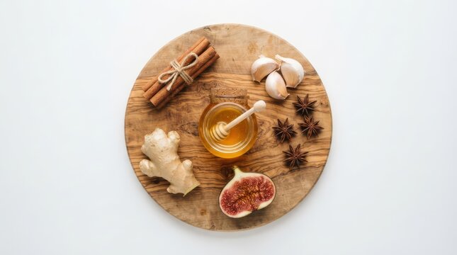 Top view of a wooden board with honey, cinnamon, ginger, garlic, star anise, and a sliced fig