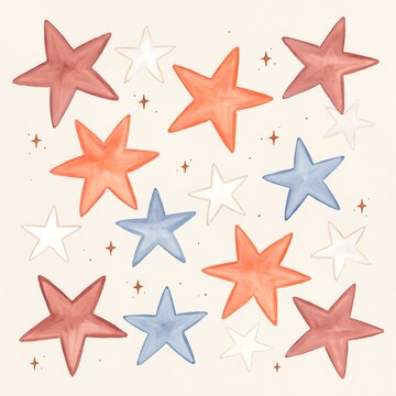 Hand drawn watercolor style stars in shades of red blue and white scattered on a light cream background