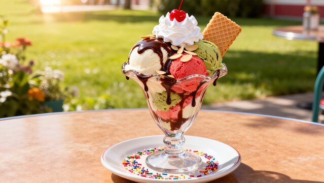 Classic ice cream sundae with three scoops, fudge, whipped cream, and cherry in crystal glass