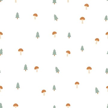 Seamless pattern with small hand drawn mushrooms and pine trees on a white background
