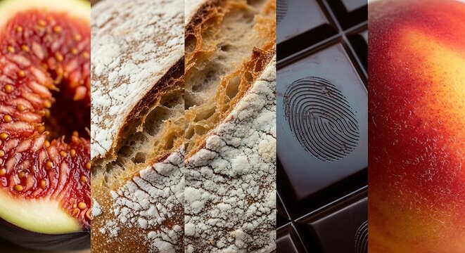 Collage of fresh fruits bread and chocolate with a fingerprint detail, chocolate