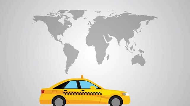 Flat animation of global taxi service with car types and driver location marker on world map background.