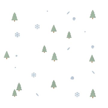 Seamless winter pattern with watercolor pine trees and blue snowflakes on a white background
