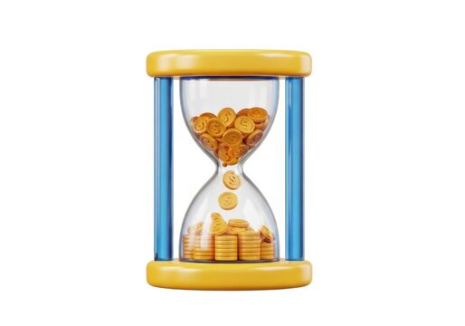 Hourglass filled with gold coins on white background