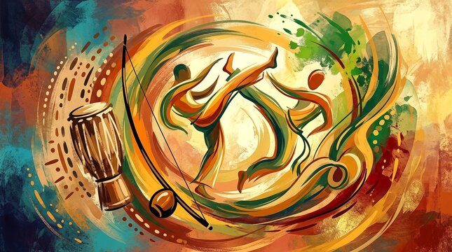 A colorful and dynamic illustration of capoeira, featuring two capoeiristas executing a strike and an *atabaque* drum to the side, framed by vibrant circular lines.