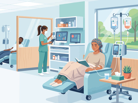 Patients receiving chemotherapy treatment in a modern hospital infusion center with medical staff assistance.