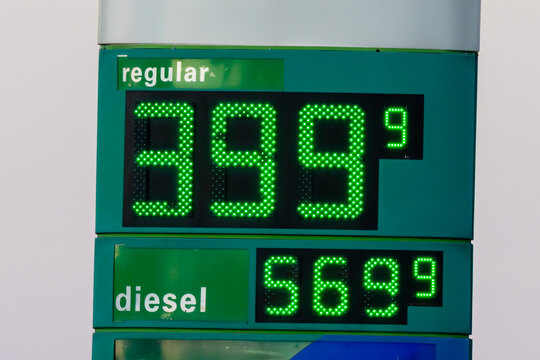 Gas price sign showing regular $3.99 and diesel $5.69 per gallon