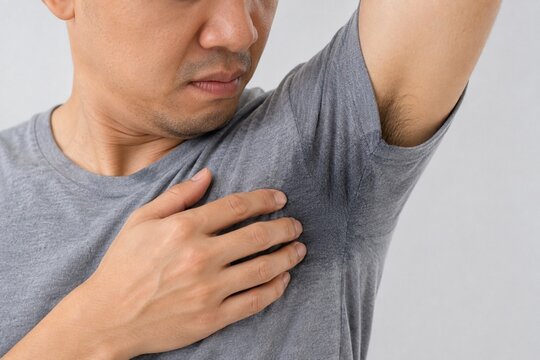 Man Checking Sweaty Armpit on Gray Shirt