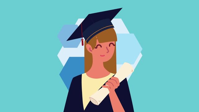 Young woman wearing graduation cap and gown holding diploma, celebrating educational achievement.