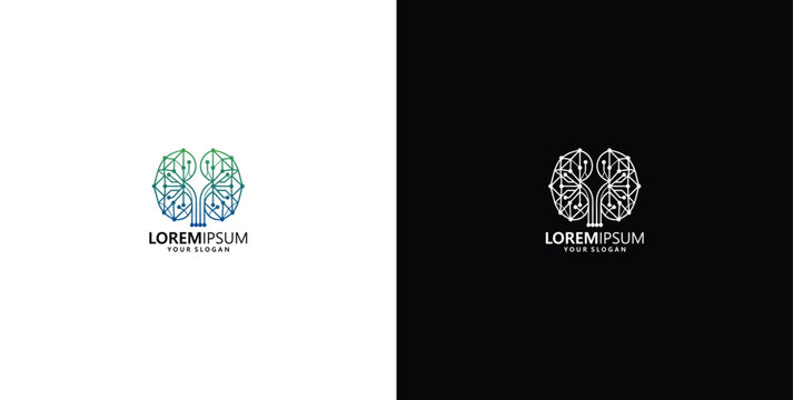 Digital human brain technology logo with circuits and nodes for artificial intelligence and neural network concepts on white and black backgrounds