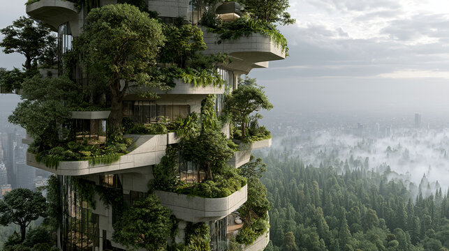 Highrise balcony tiers densely populated with mature trees and native flora overlooking a misty forest valley.