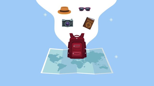 Animation of travel accessories with world map and backpack showing vacation planning concept.