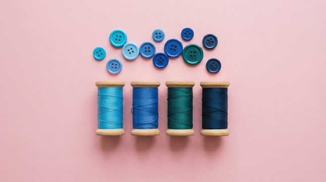 Blue and teal sewing thread spools and matching buttons on a pink background