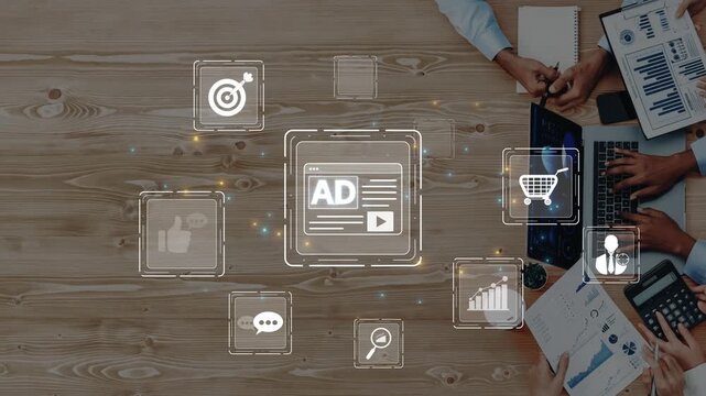 Team collaborating on digital marketing strategy with advertising icons displayed on desktop, showcasing effective communication and innovative ideas for business growth. Raster