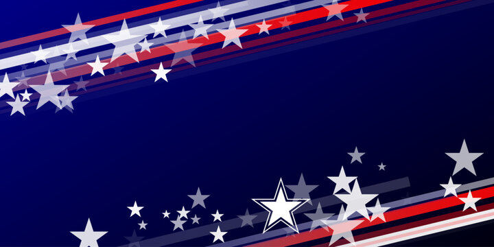 A patriotic background featuring dynamic red, white, and blue stripes with glowing stars across a dark navy canvas, perfect for Fourth of July or Memorial Day holiday designs.