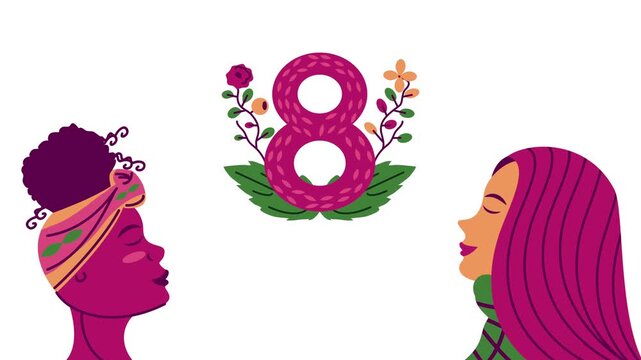 International womens day celebration animation with diverse female faces and number eight floral ornament on white background.