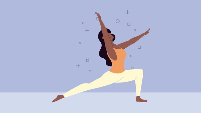 Woman performing yoga pose in fitness wear with subtle geometric background animation, full body shot, dynamic motion clip.