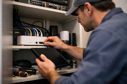 Smart home technician installs residential automation hub, connecting devices and configuring controls to support home automation, IoT integration, network setup and connected living.