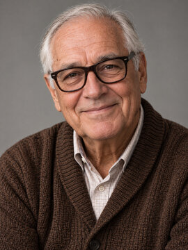 Smiling Senior Man with Glasses in Warm Brown Cardigan Portrait