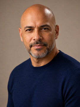 Portrait of confident mature bald man with beard against neutral background