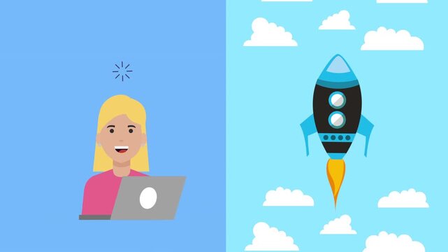 Woman working on laptop while rocket launches in split screen animation representing business growth and digital success.