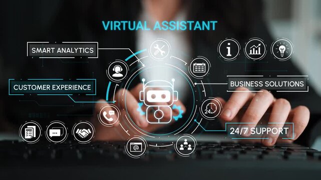 Professional Virtual Assistant Concept Showcasing Smart Analytics, Customer Experience, and 24-7 Support with Futuristic Graphic Elements. Entropy.