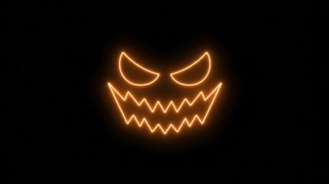 Halloween neon pumpkin face, glowing orange jack o lantern outline on black background, spooky holiday motion graphic