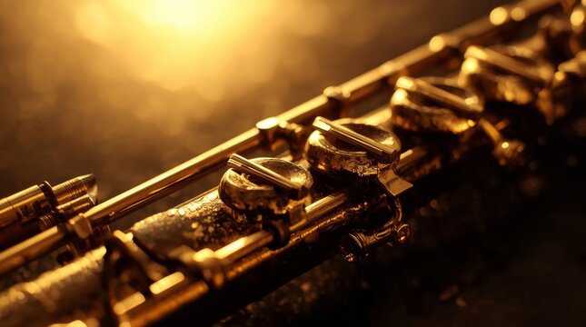 Close up of an antique brass flute with dark patina under warm backlighting with highlighting aged patina intricate keywork against dark backdrop