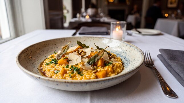 Gourmet pumpkin risotto served in a ceramic bowl at a restaurant