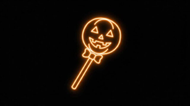 Neon Halloween pumpkin lollipop icon. Glowing orange jack-o-lantern candy sign. Retro electric holiday treat animation on black background.