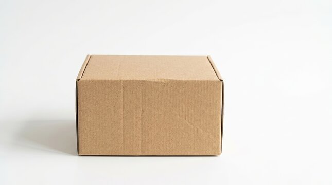 A brown cardboard box sits on a white surface. The box is square and has visible folds and creases.
